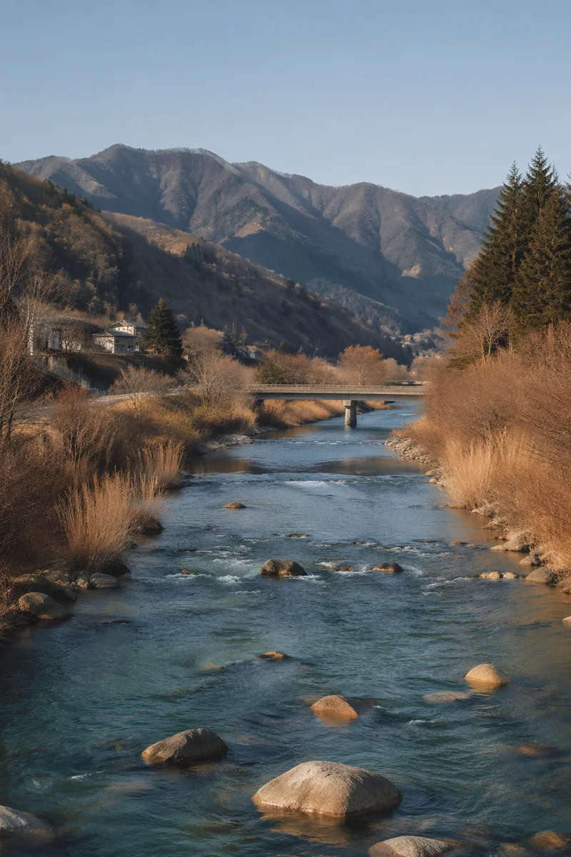 Peaceful River Valley with Evergreen Trees