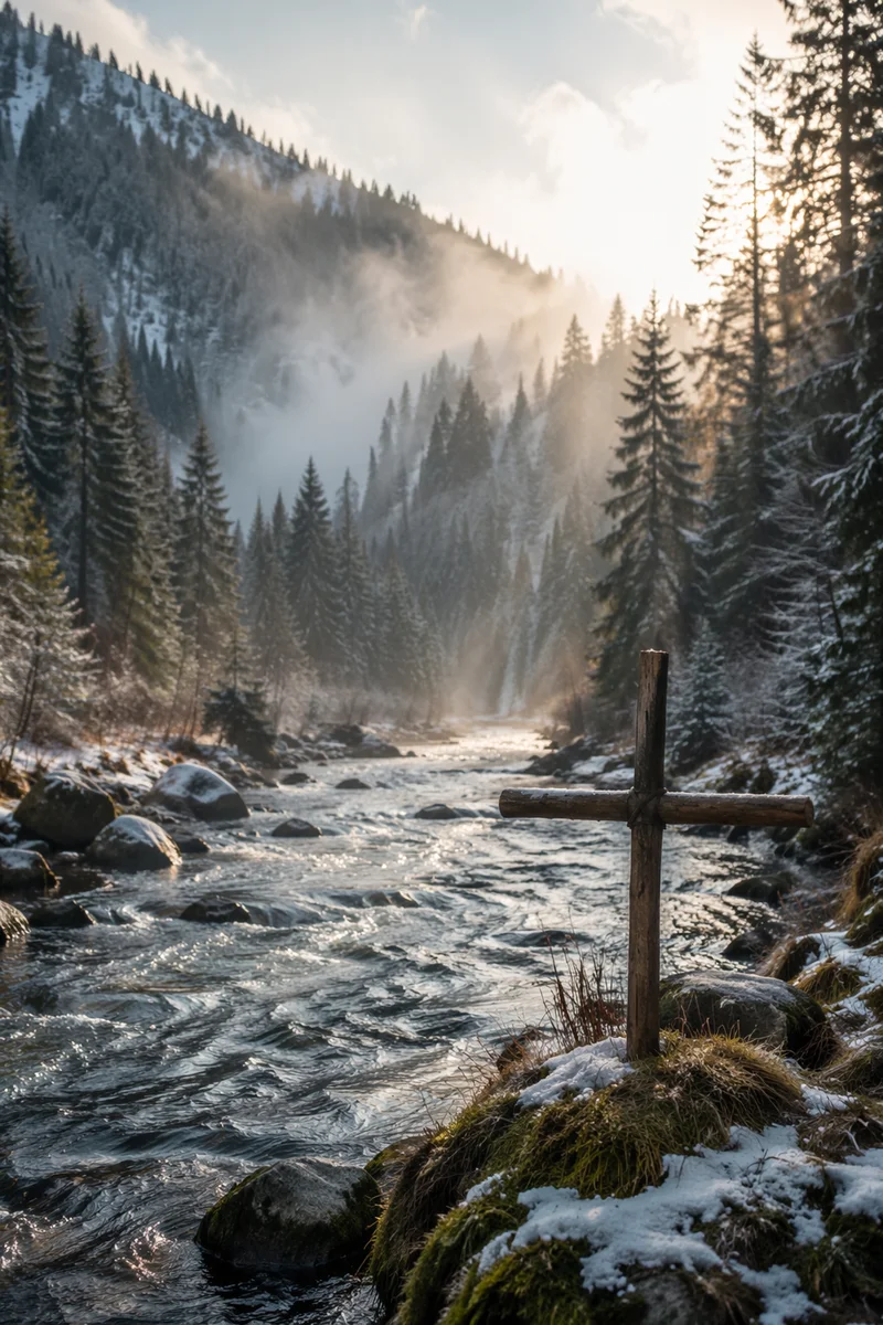 Peaceful Evergreen Valley River Cross