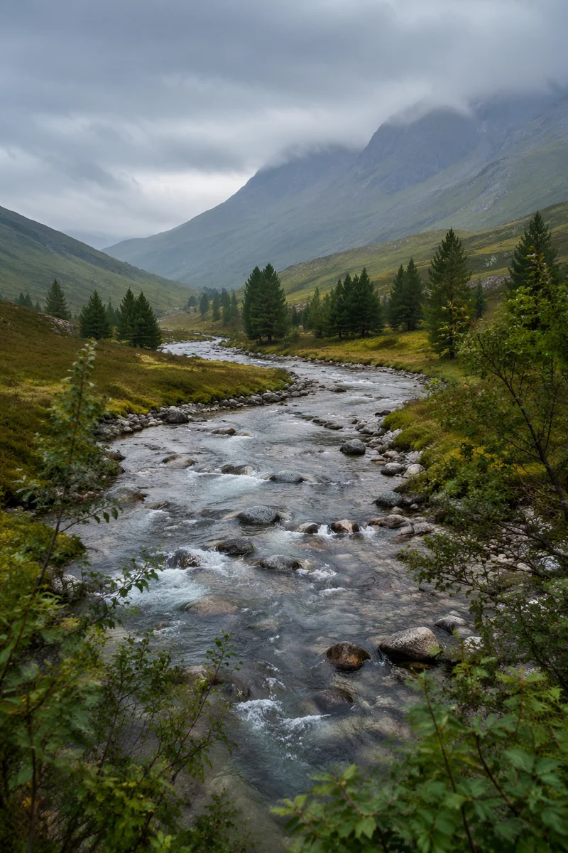 Peaceful River Through Evergreen Valley