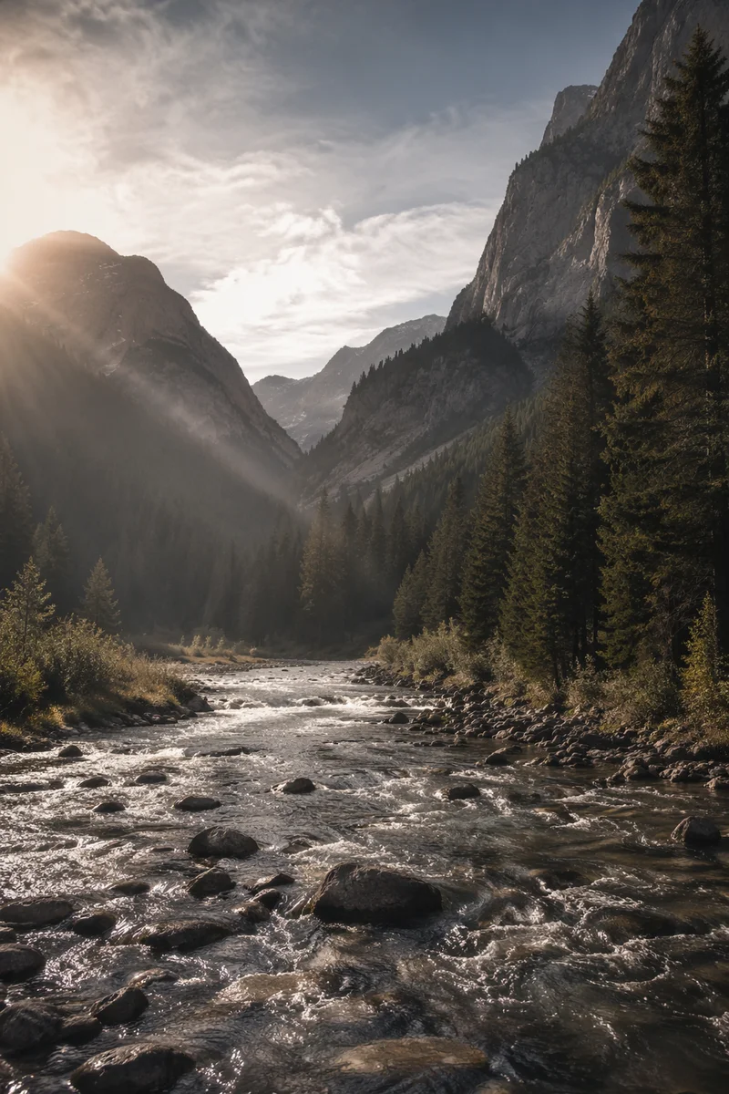 Peaceful Alpine River Through Evergreen Valley