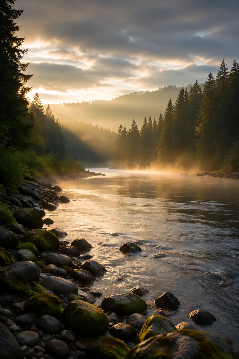 Peaceful River Through Evergreen Valley