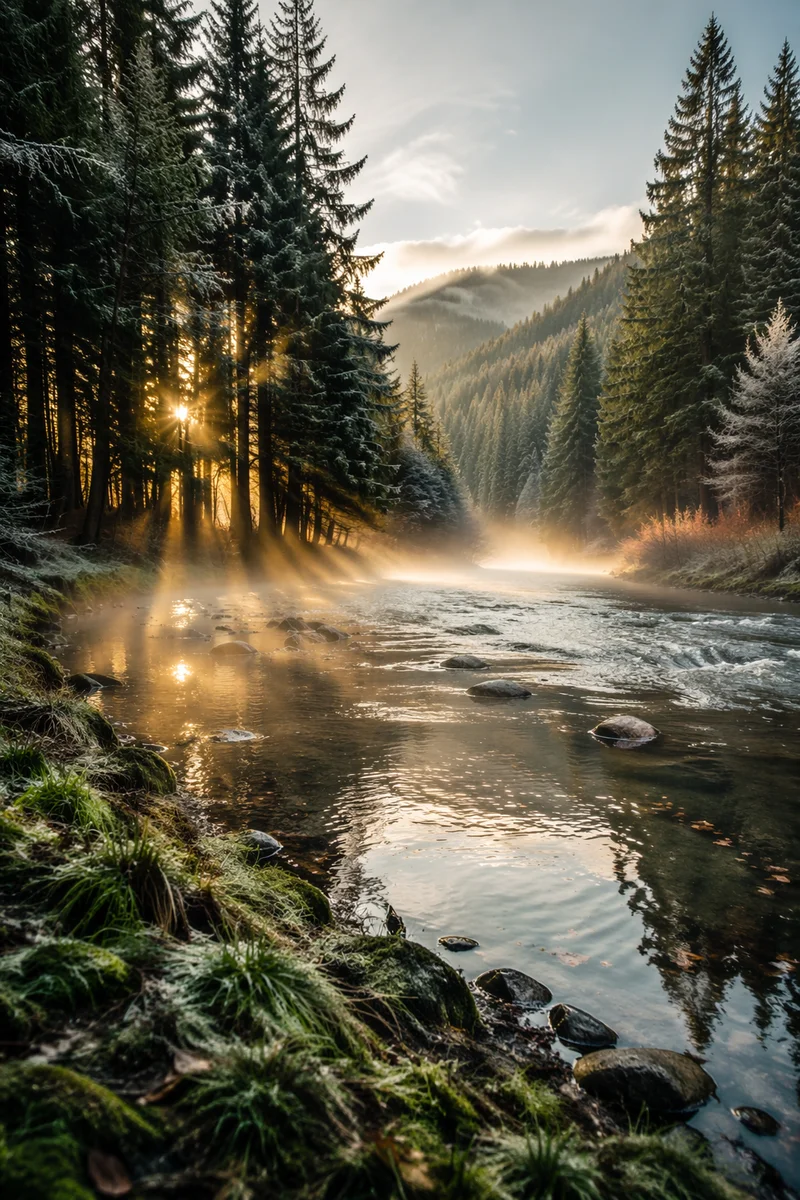 Peaceful River Through Evergreen Valley at Dawn