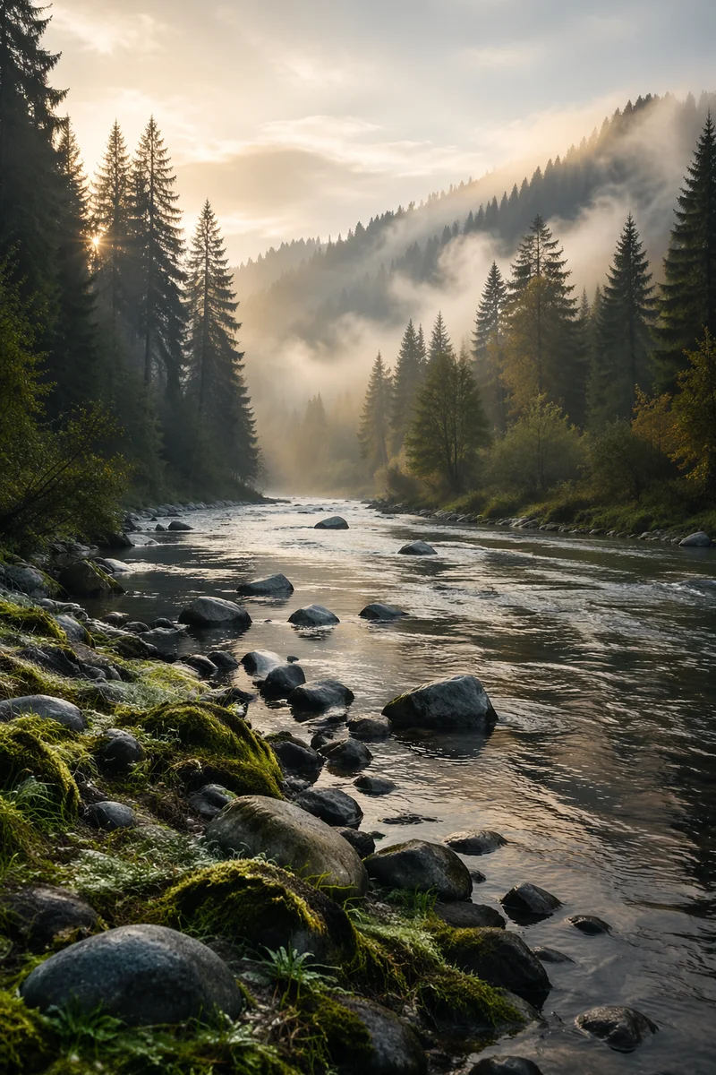 Peaceful Evergreen Valley River at Dawn