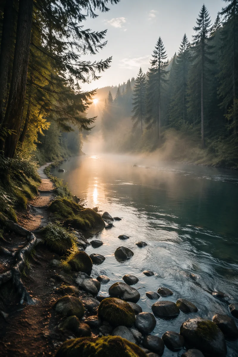 Peaceful River in Evergreen Morning Valley