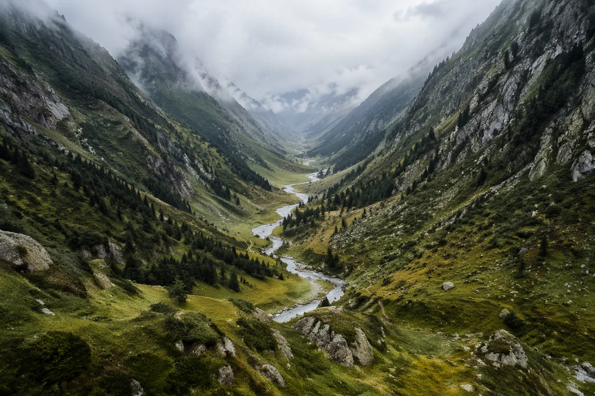 Peaceful River Through Evergreen Mountain Valley