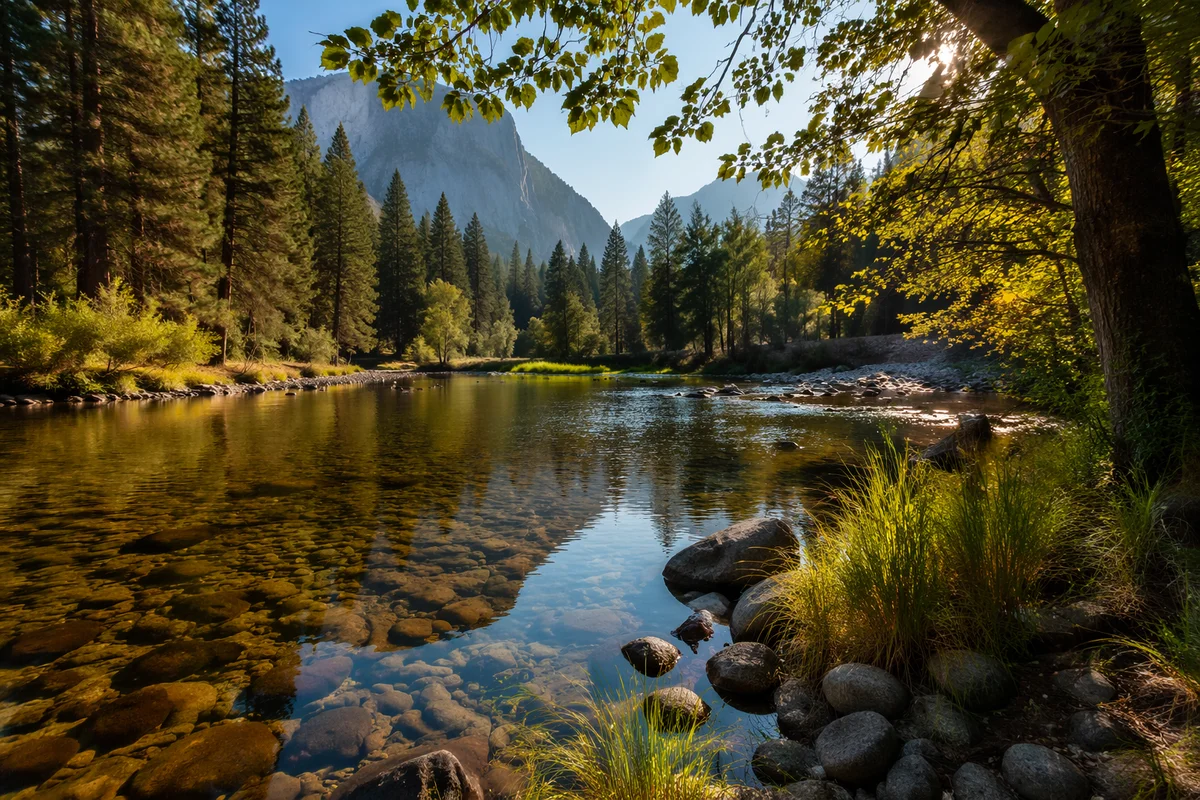 Peaceful River Through Evergreen Valley