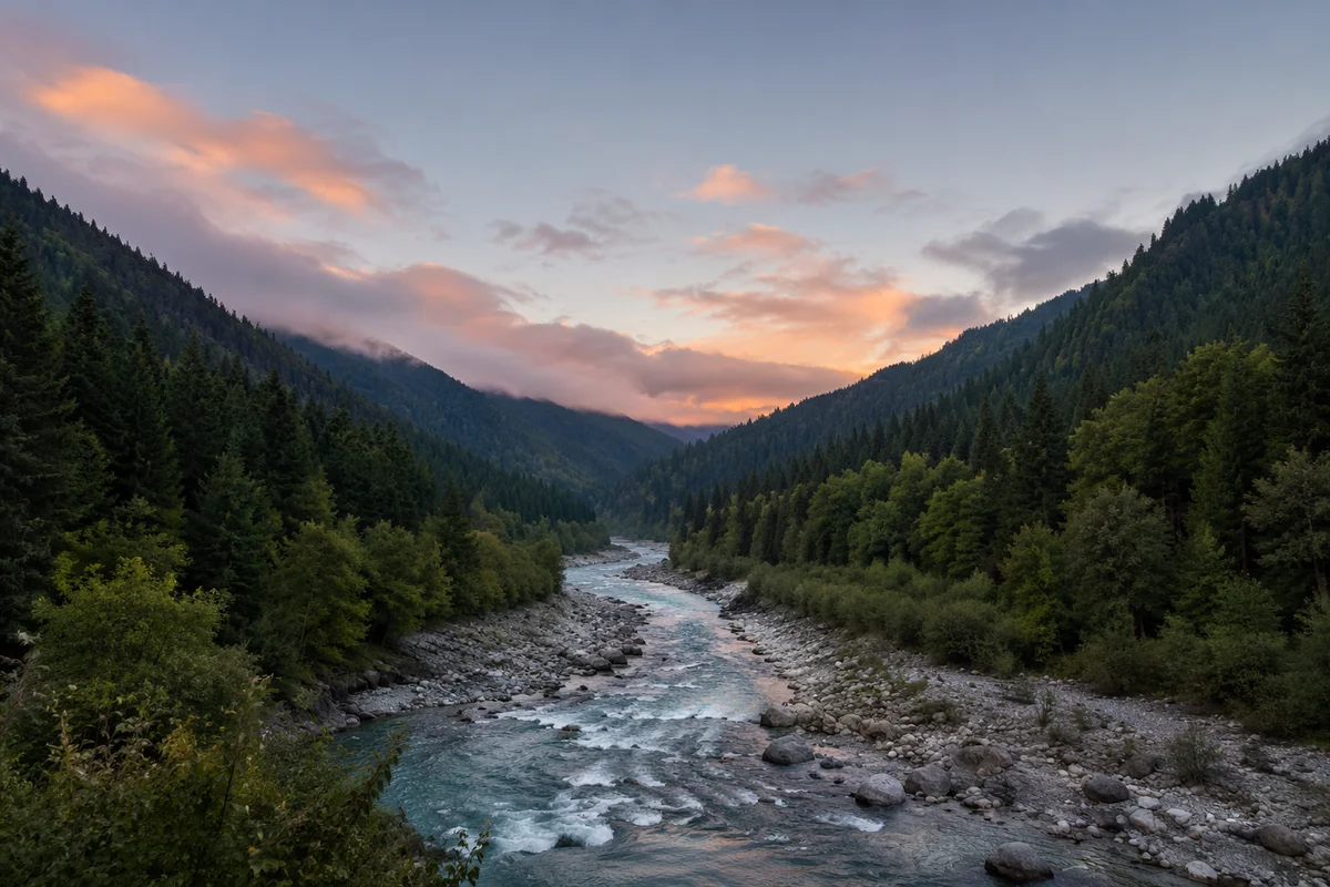 Peaceful River Through Evergreen Valley