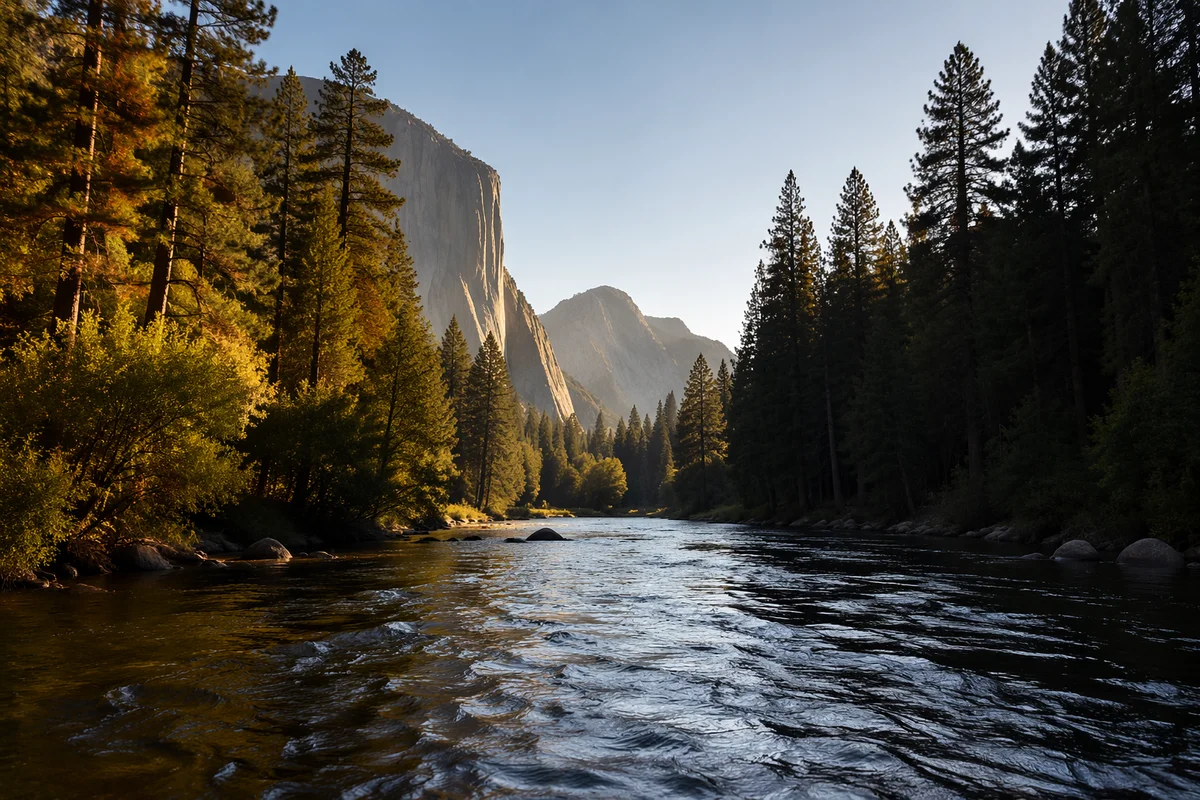 Peaceful River in Evergreen Mountain Valley