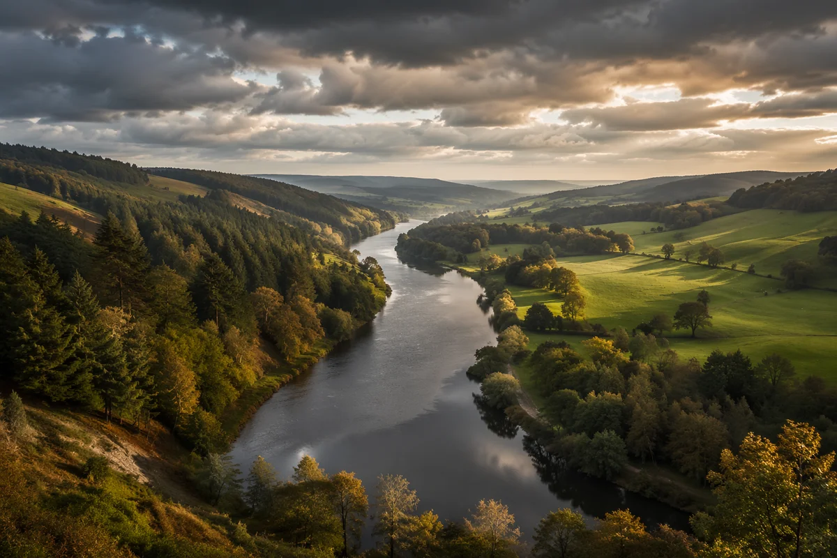 Peaceful River Valley Under Evergreen Clouds