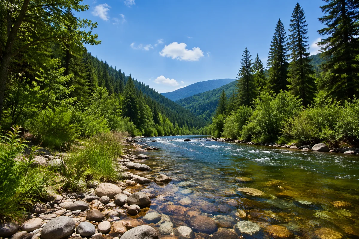 Peaceful River Through Evergreen Valley