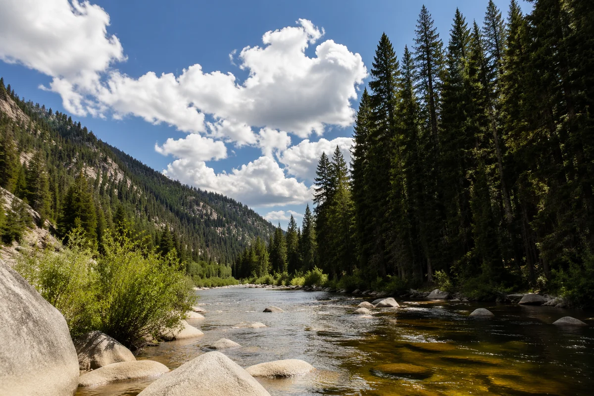 Peaceful Evergreen Valley River Landscape