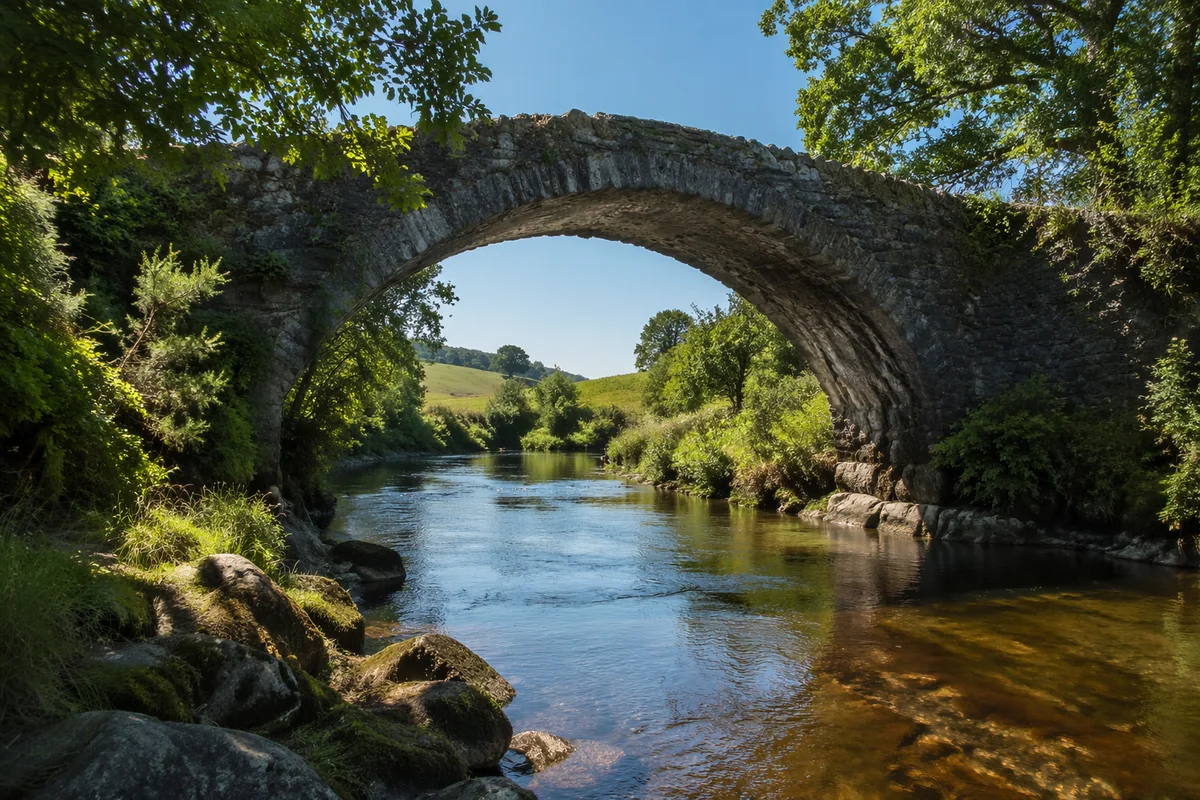 Peaceful River Valley Beneath Stone Bridge