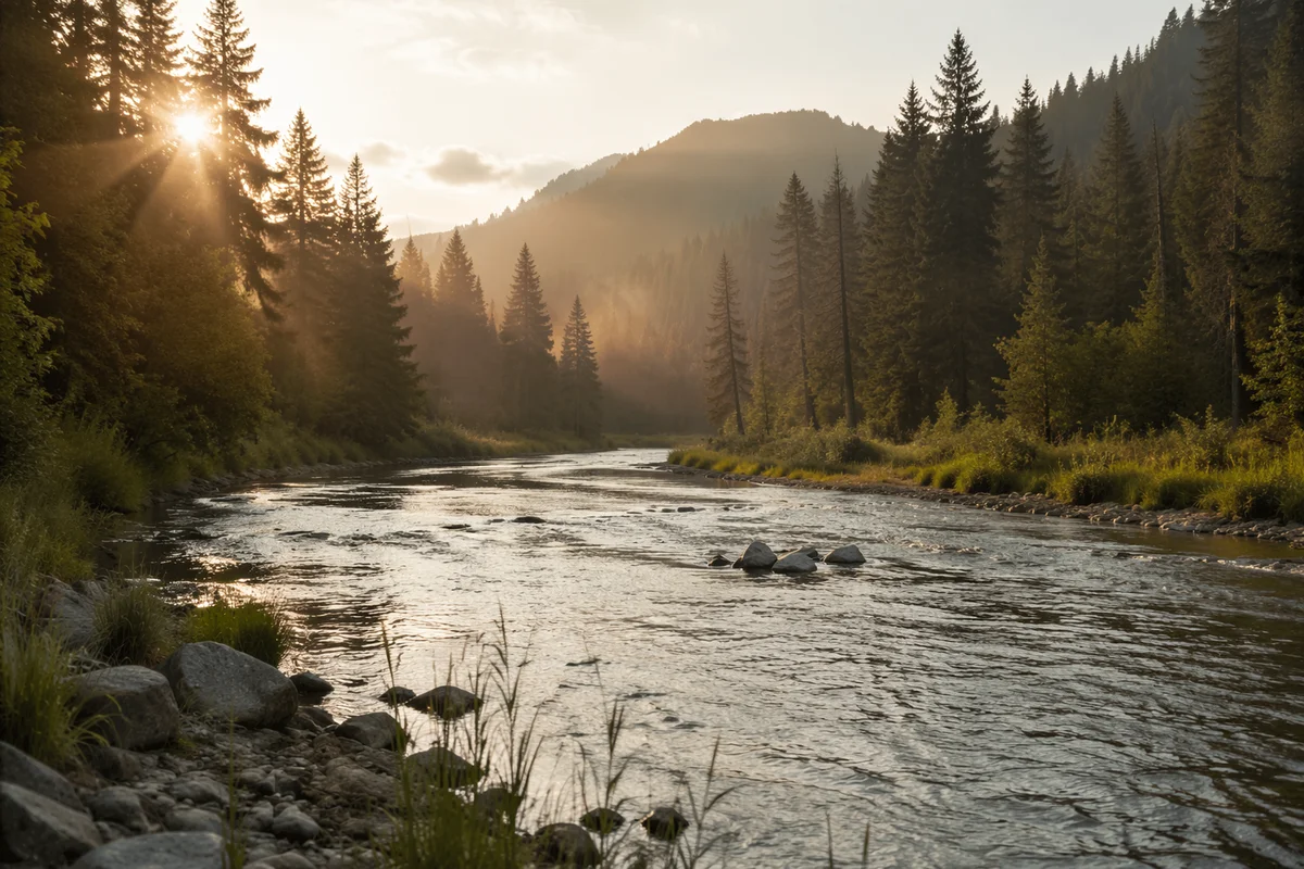 Peaceful Evergreen Valley River at Dawn