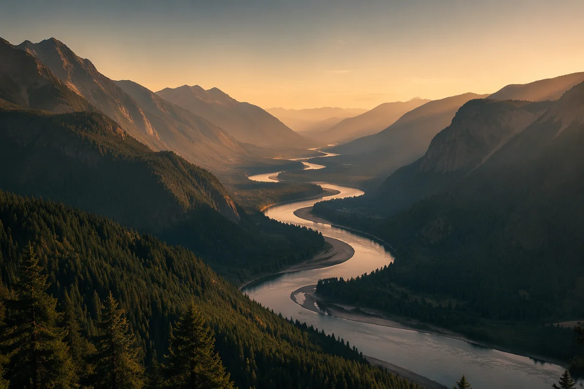 Peaceful River Through Evergreen Mountain Valley