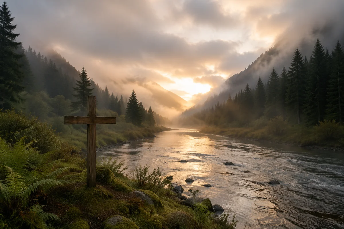 Peaceful River Valley with Wooden Cross