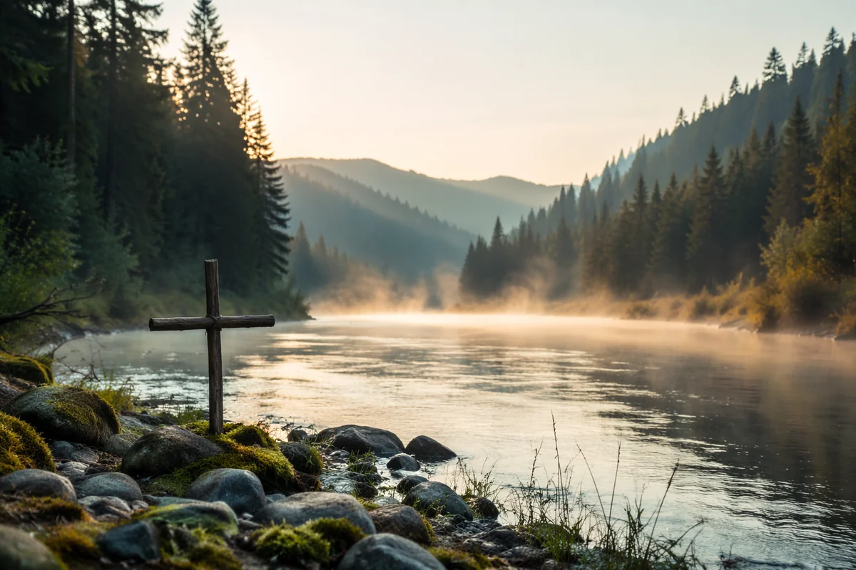 Peaceful River Valley with Wooden Cross