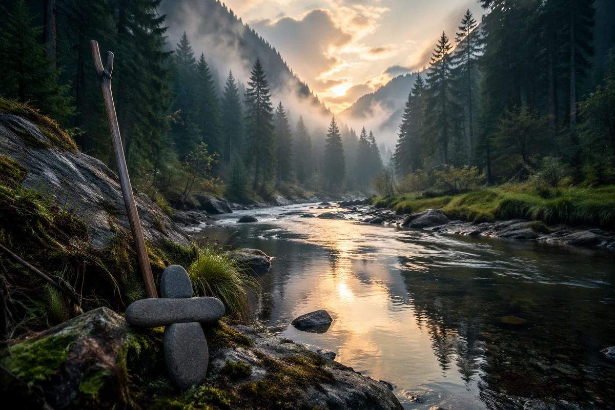 Peaceful River in Misty Evergreen Valley
