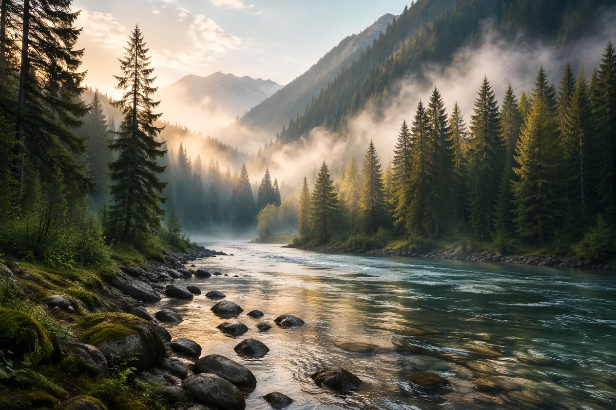 Peaceful Evergreen Valley River at Sunrise