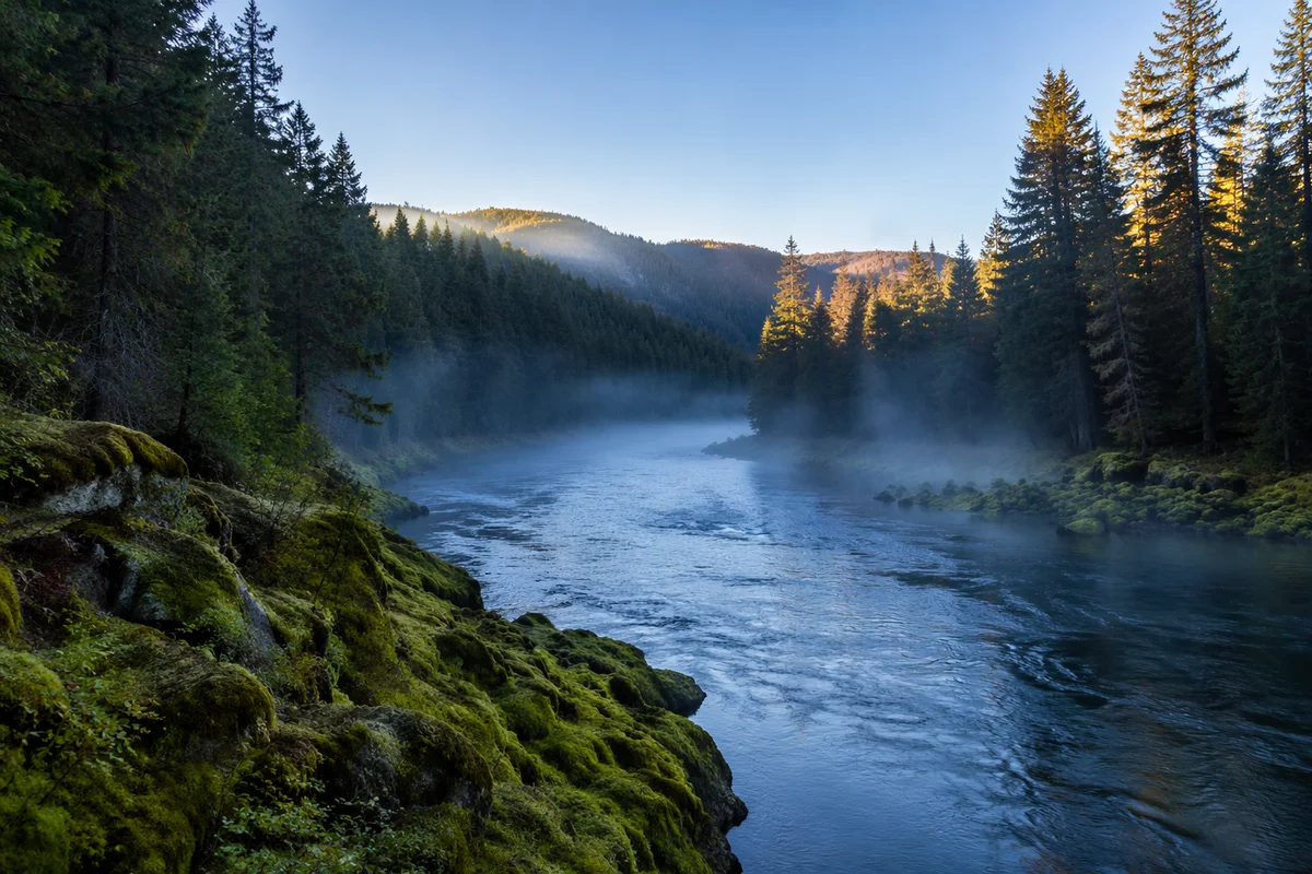 Peaceful Evergreen River Valley at Sunrise