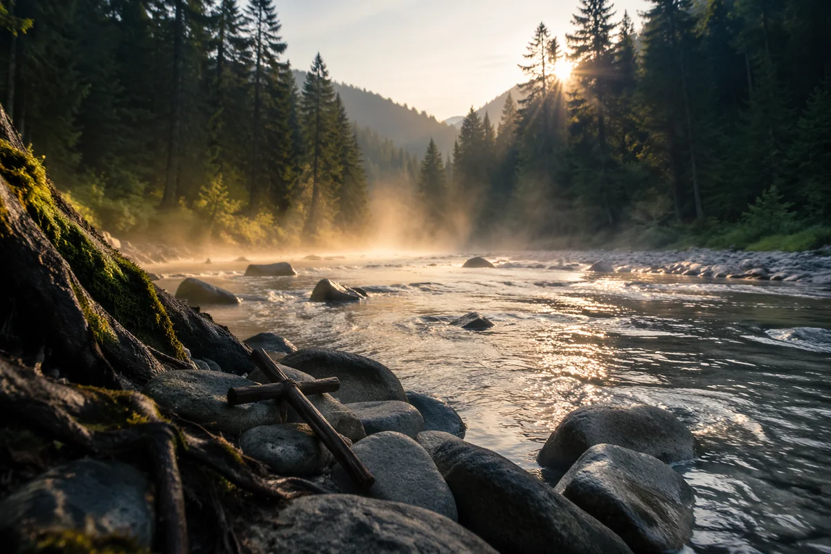Peaceful Evergreen River Valley at Sunrise