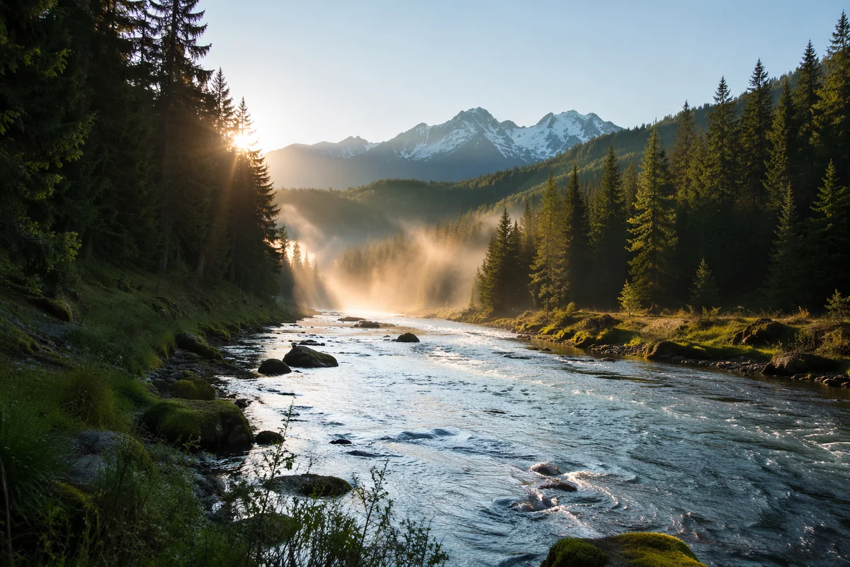Peaceful Evergreen River Valley at Dawn