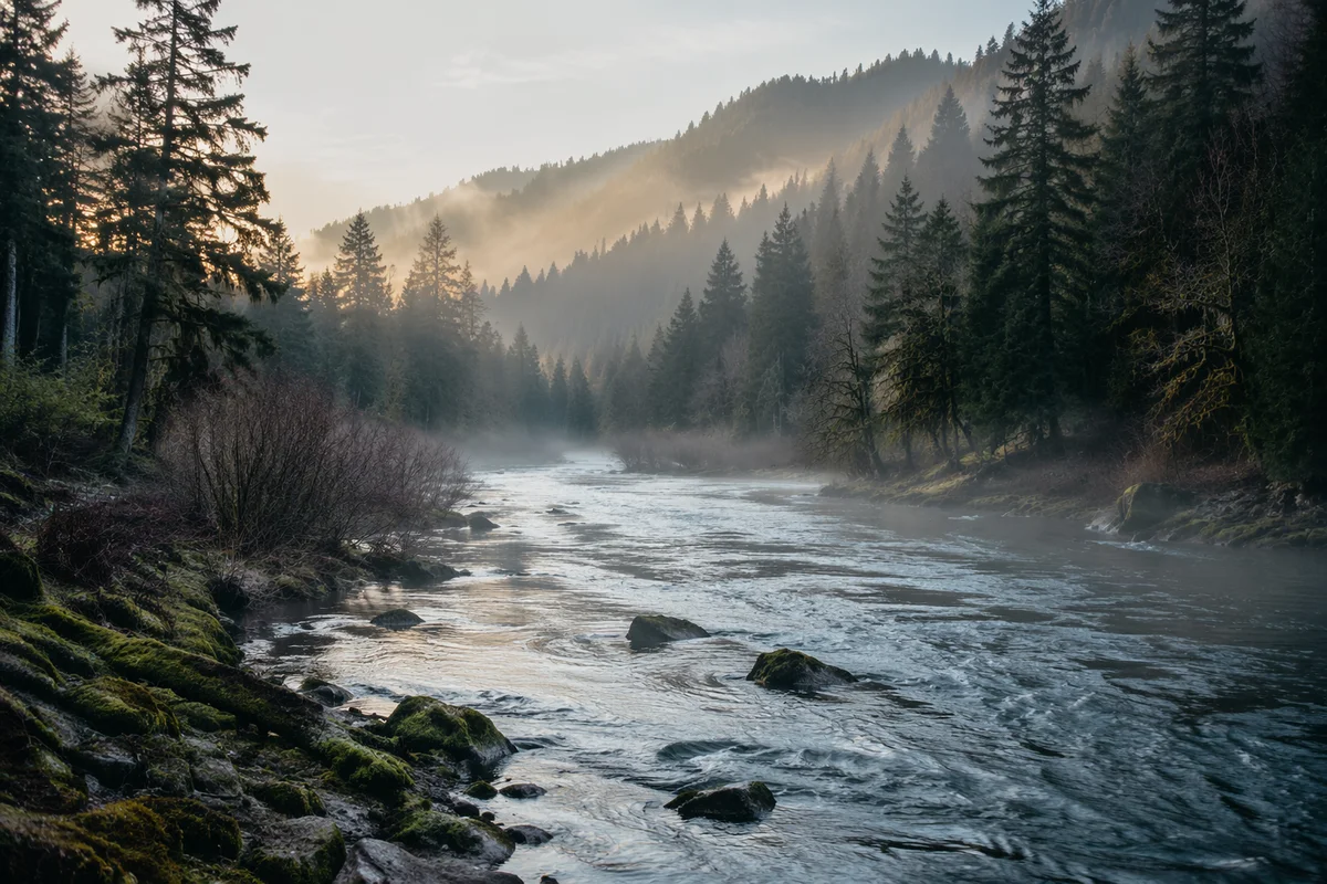 Peaceful River Through Evergreen Valley