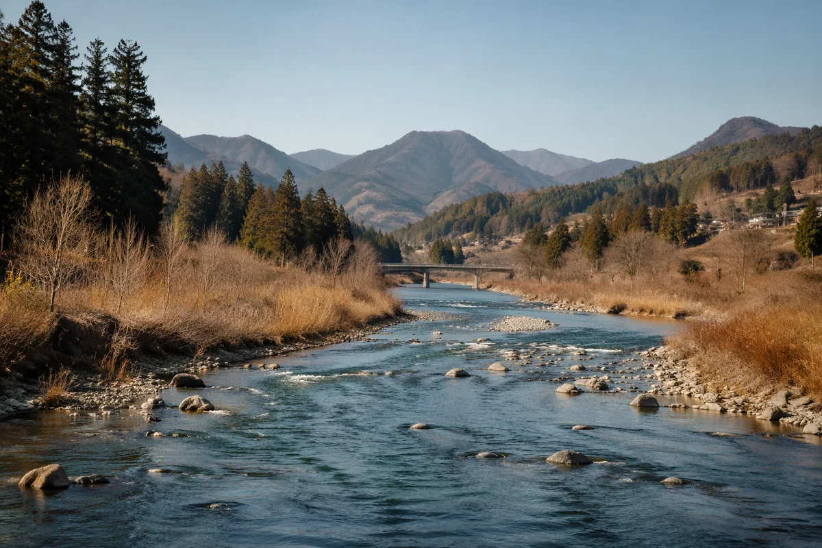 Peaceful River Through Evergreen Mountain Valley