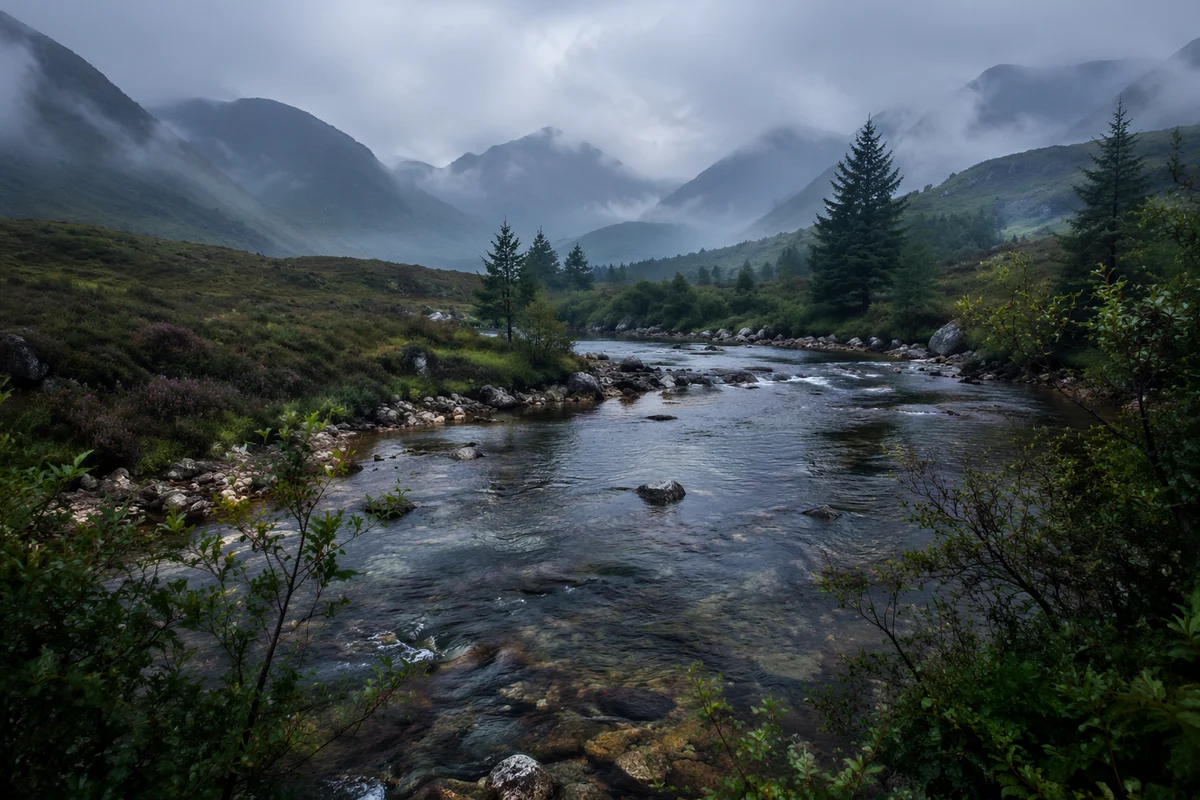 Peaceful Evergreen River Valley at Dawn