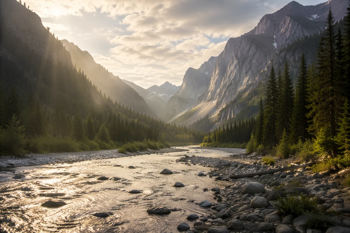 Peaceful Alpine River Through Evergreen Valley