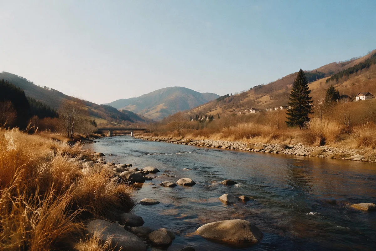 Peaceful River Valley with Evergreen Trees