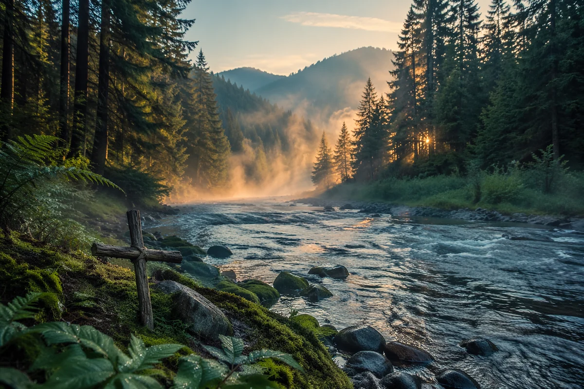 Peaceful Evergreen Valley River at Dawn