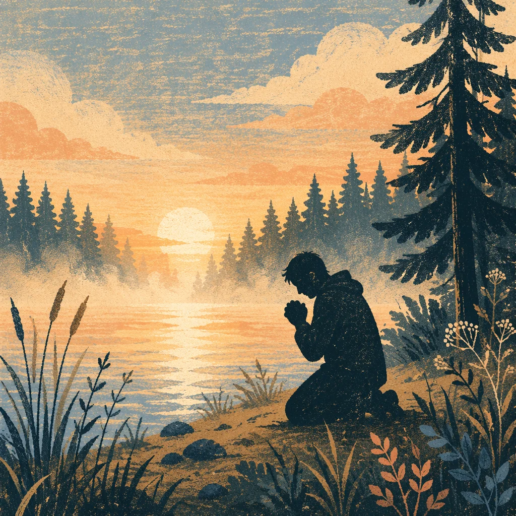 Kneeling Prayer Beside Misty Evergreen Lake