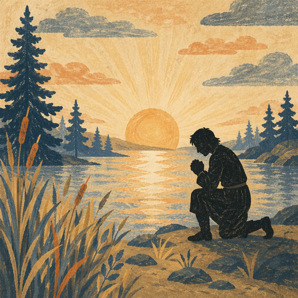Kneeling Prayer by Evergreen Lake at Dawn