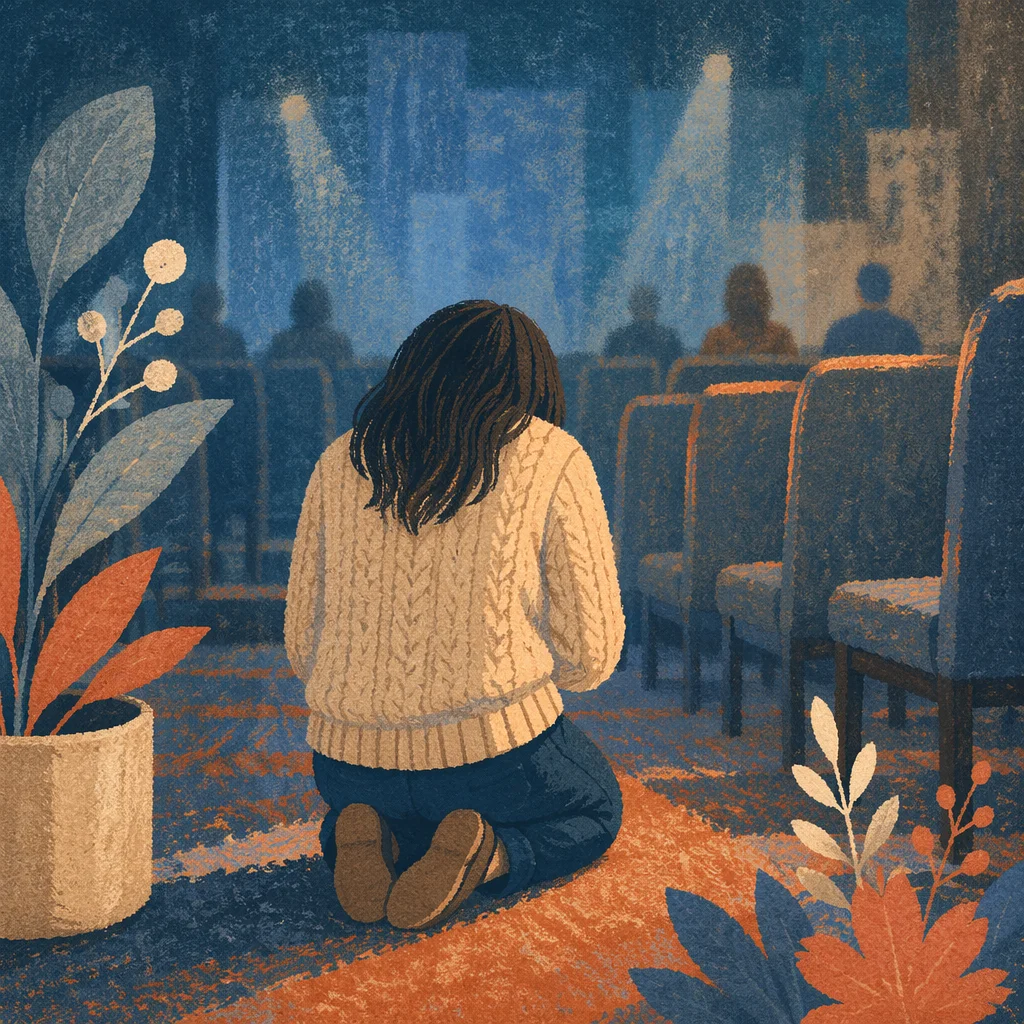 Quiet Kneeling Prayer in Church Auditorium