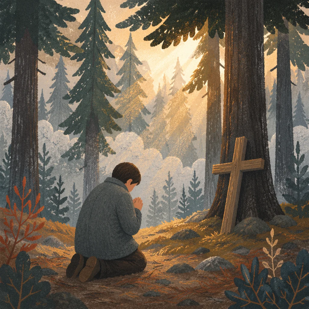 Kneeling Prayer Beneath Evergreen Forest Light