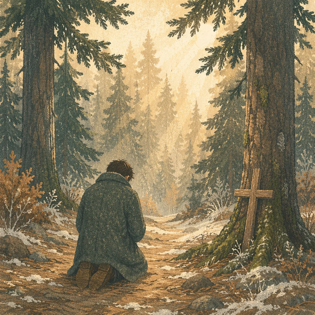 Evergreen Forest Prayer Beside Wooden Cross