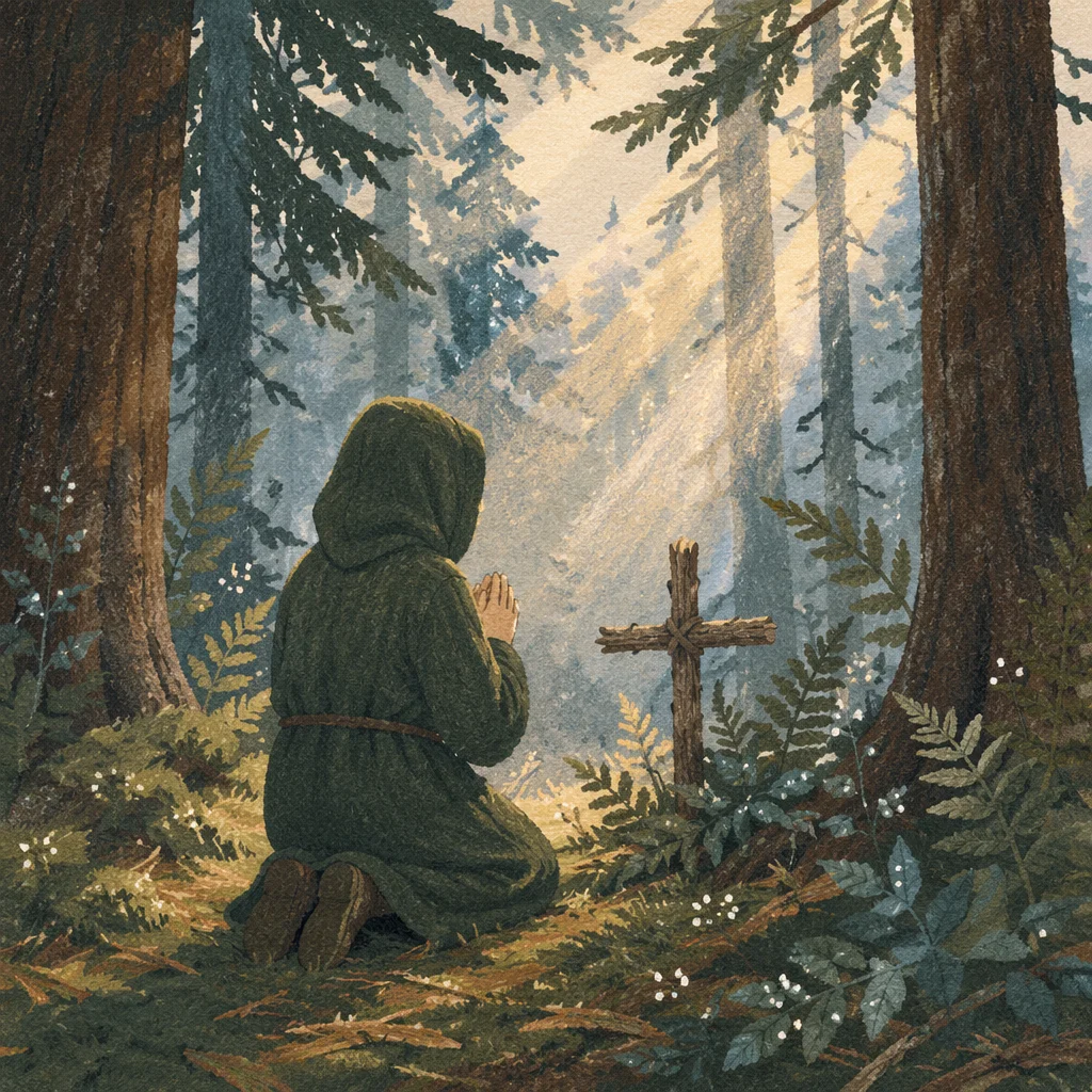 Kneeling Prayer in Evergreen Forest