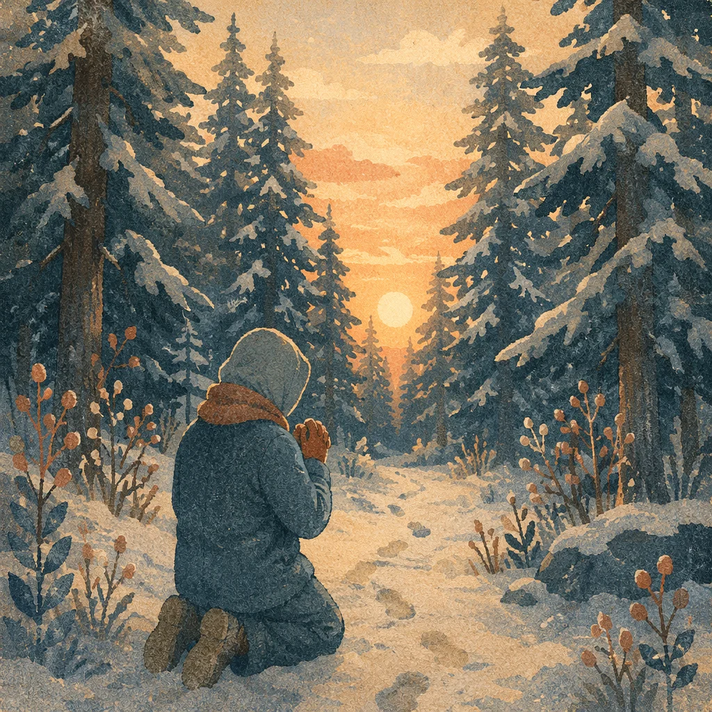 Kneeling Prayer on Snowy Evergreen Path
