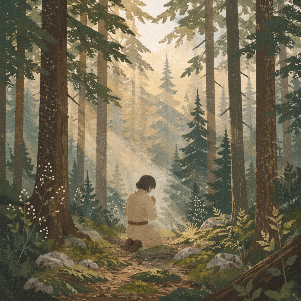 Kneeling Prayer in Evergreen Forest Mist