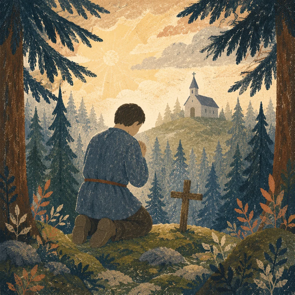 Kneeling Prayer in Evergreen Forest