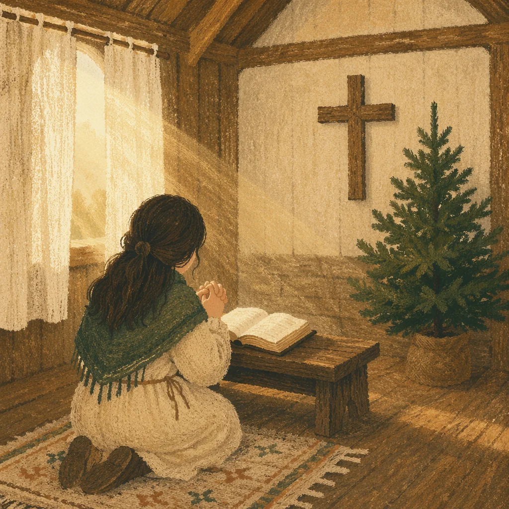 Kneeling Prayer Beside Evergreen Chapel Tree