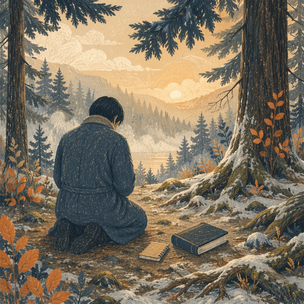 Kneeling Prayer Beneath Evergreen Dawn