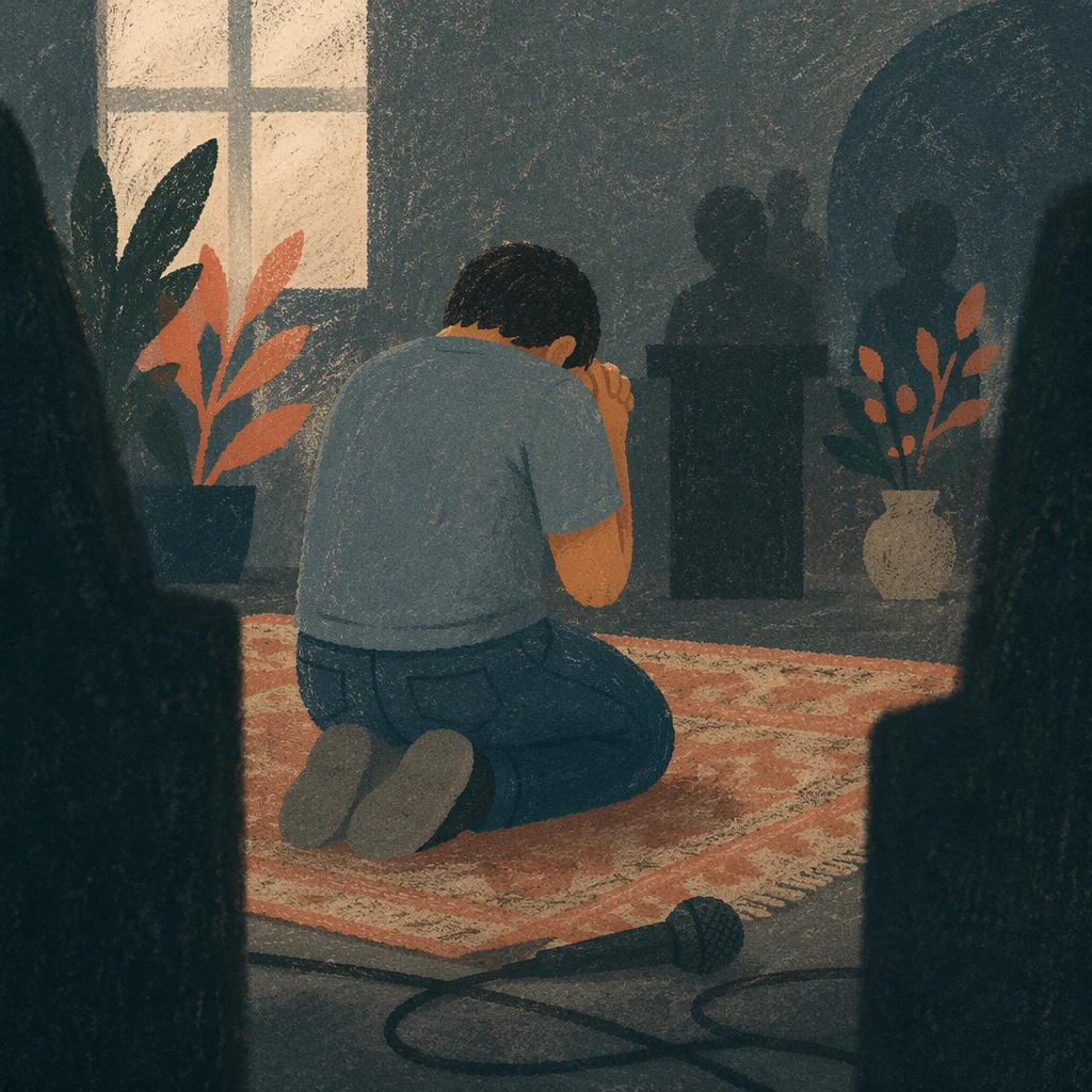 Person Kneeling in Dim Prayer Room