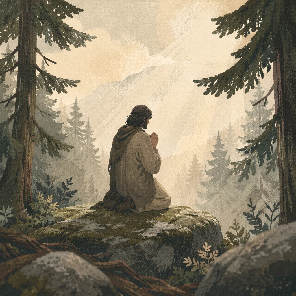 Kneeling Prayer in Misty Evergreen Forest