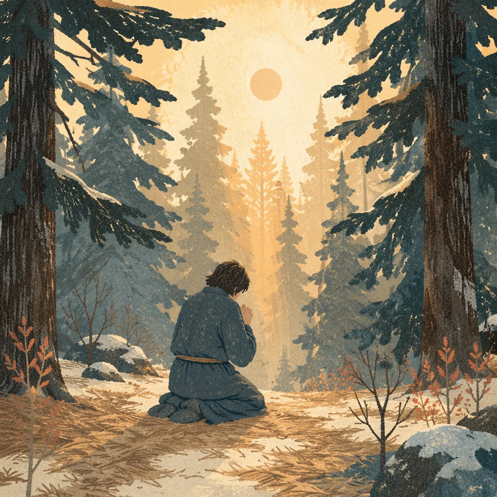 Kneeling Prayer in Evergreen Winter Forest