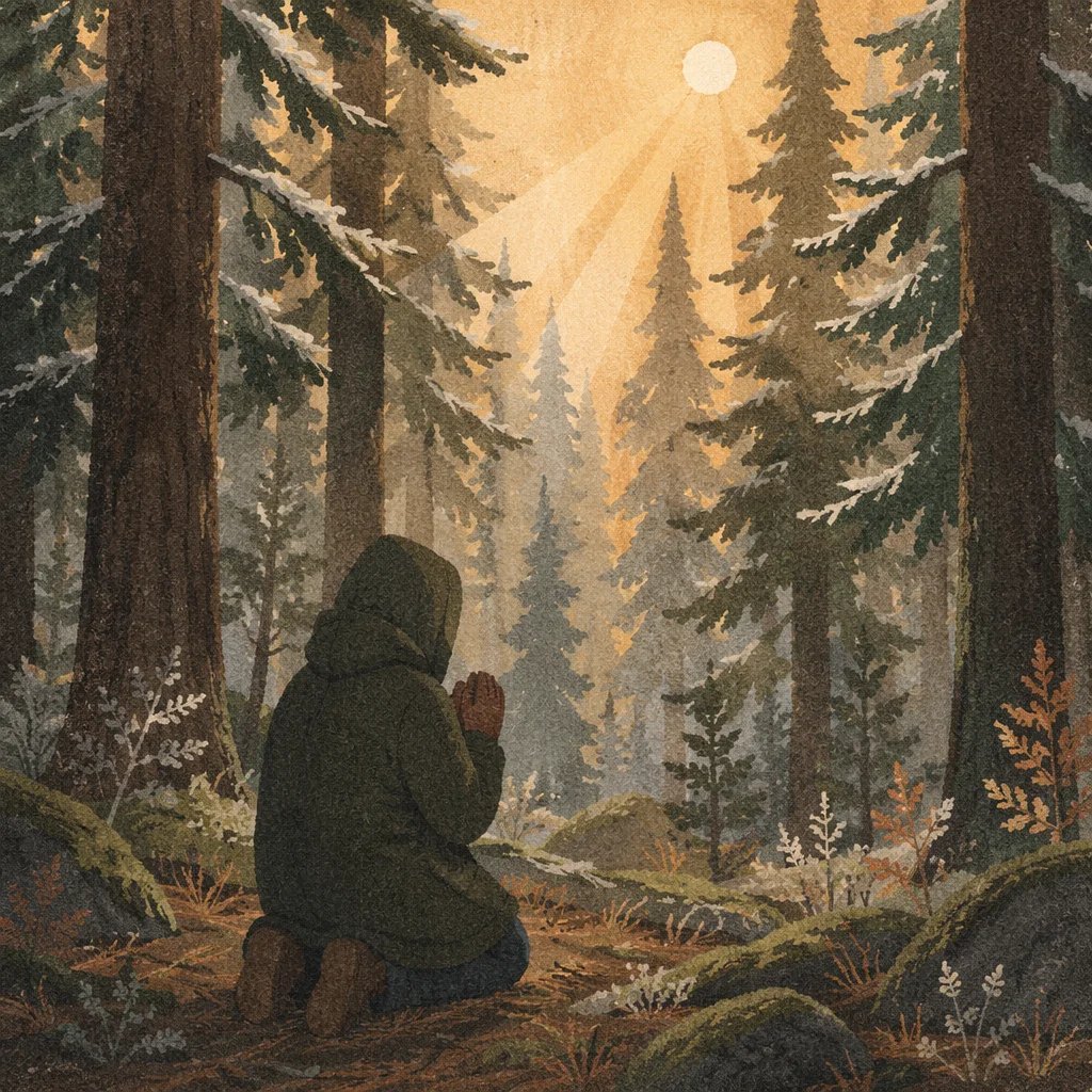Kneeling Prayer in Evergreen Forest