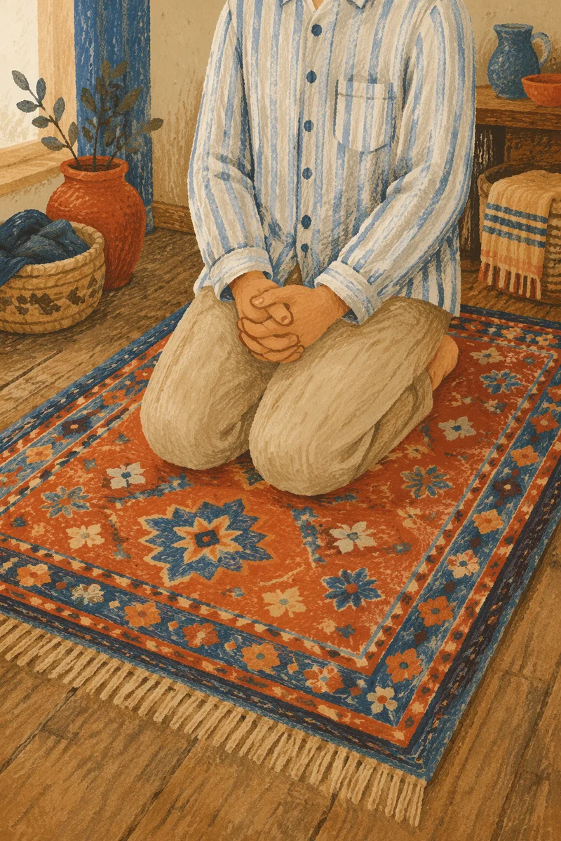 Quiet Kneeling Prayer on Woven Rug