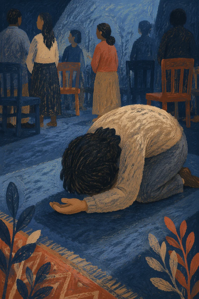 Kneeling Prayer in Blue Chapel Light