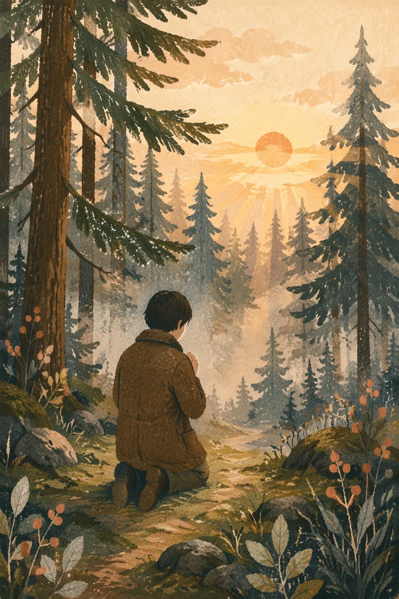 Kneeling Prayer Beneath Evergreen Morning Light