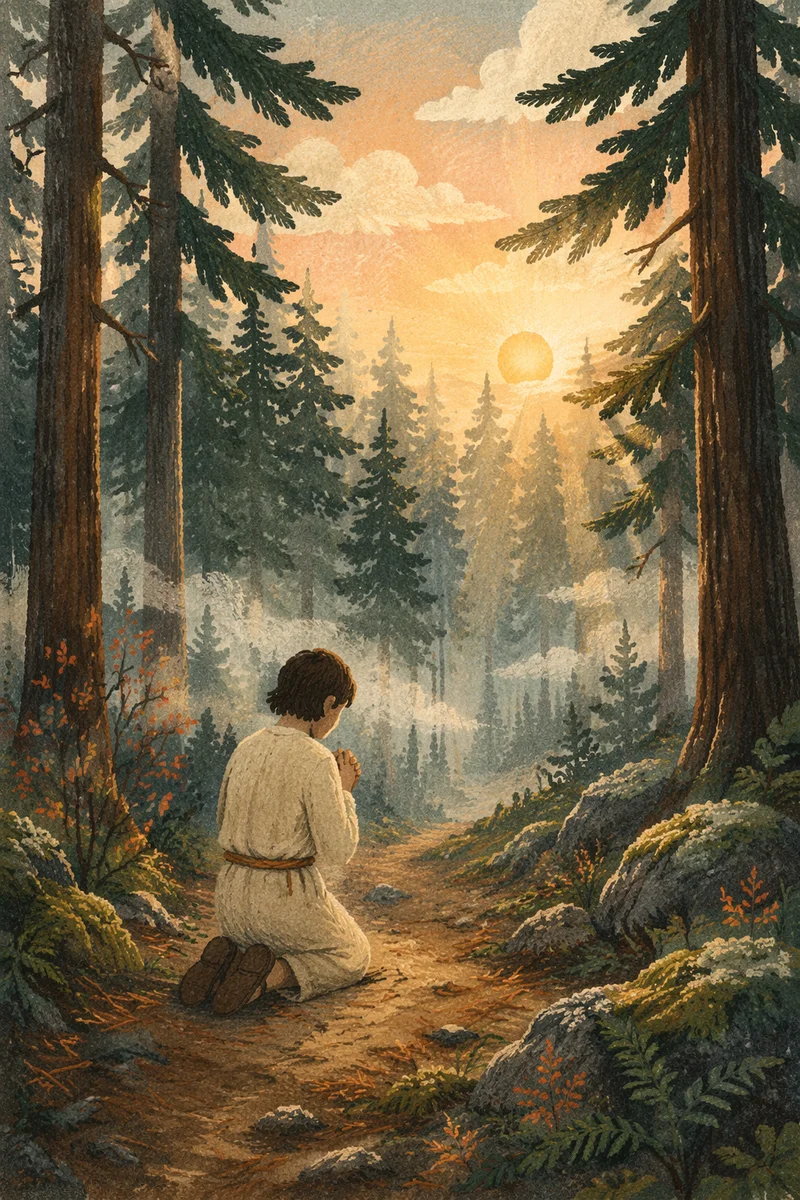 Kneeling Prayer on Misty Evergreen Forest Path